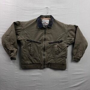New Zealand Outback Canvas Bomber Jacket Mens Large Olive Green Leather Collar